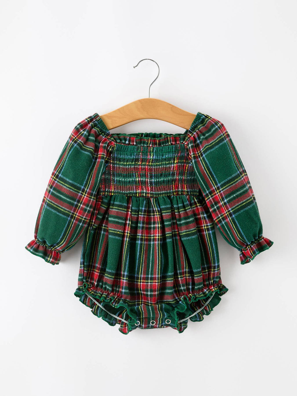 Christmas Plaid Smocked Baby Girl Bubble Romper Ruffle Detail